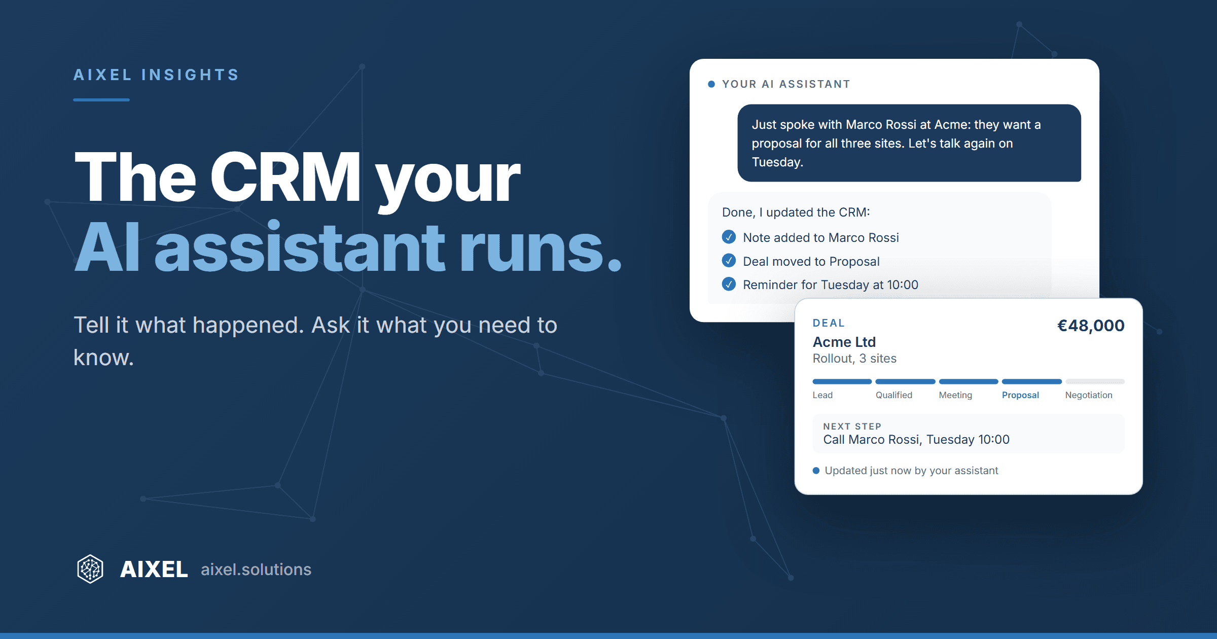 A steel chat bubble unfolding into the stages of a sales pipeline, on a navy background, with the headline The CRM your AI assistant runs.