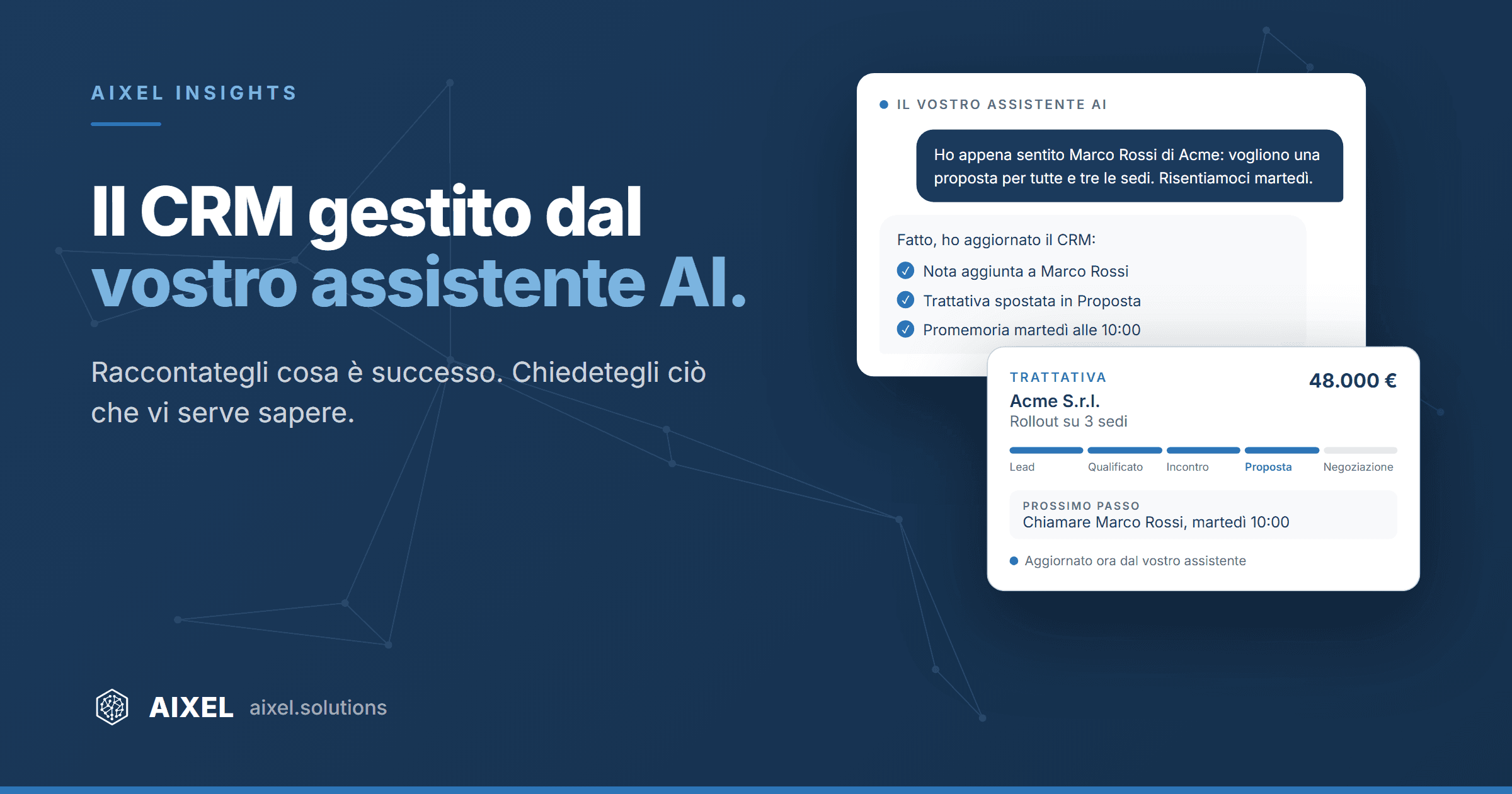 Una nuvoletta di chat in acciaio che si apre nelle fasi di una pipeline di vendita, su sfondo blu notte, con il titolo Il CRM gestito dal vostro assistente AI.